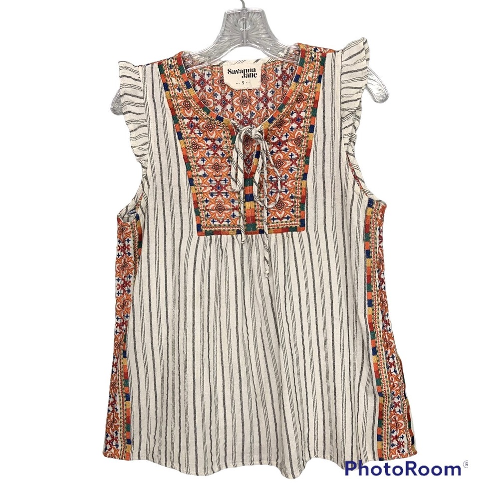 Savanna Jane Shirt Womens Small Gray White Striped Embroidered Boho Top Blouse